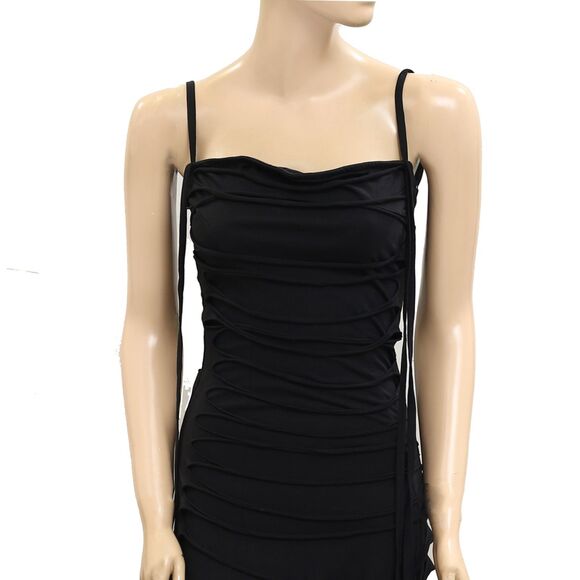 Anthropologie Black Fringes Slip Midi Dress Bodycon Evening Cutout XS New 281504 - Picture 2 of 4